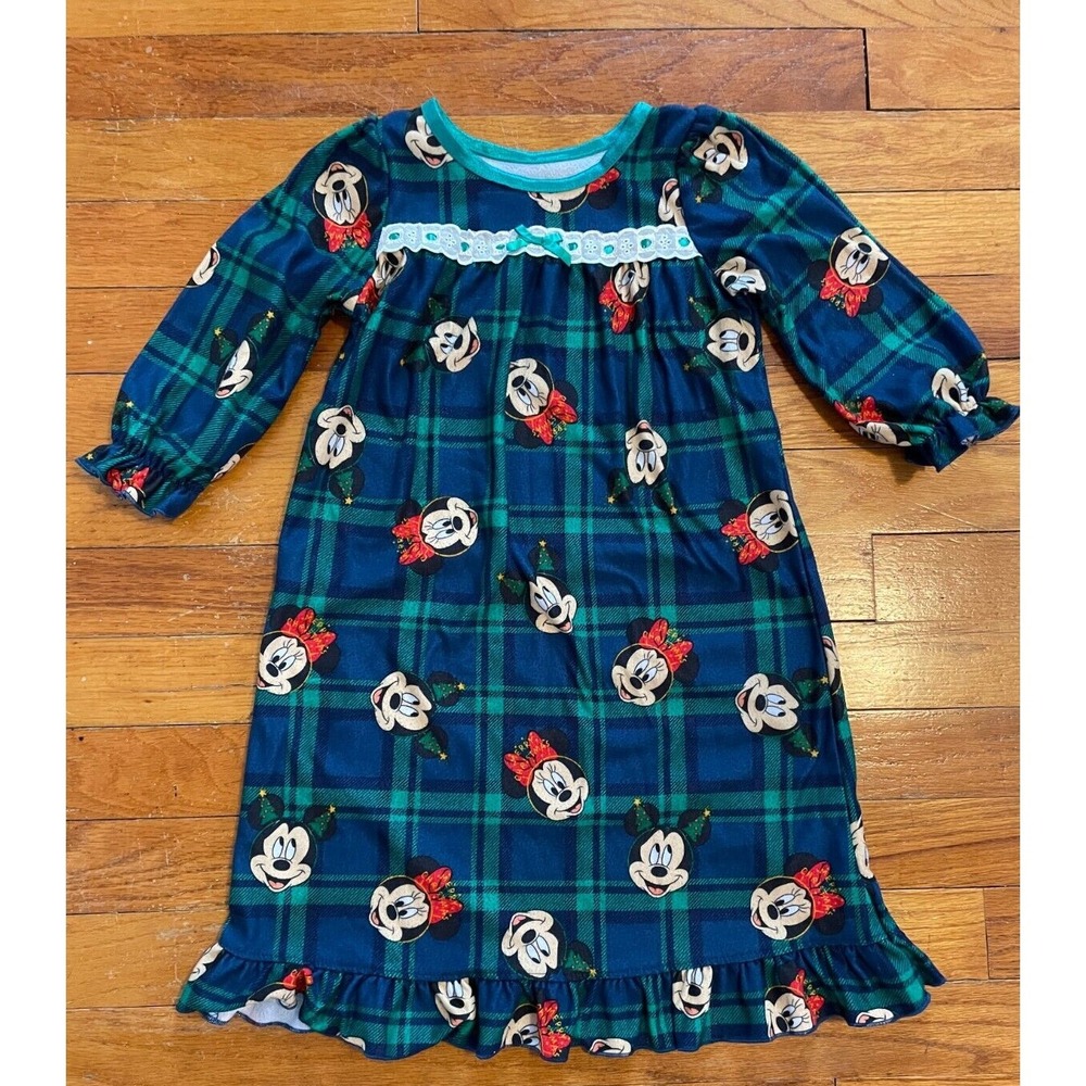 Disney Minnie Mickey Toddler Girl 2T Nightgown Plaid Pajama Blue Green Christmas